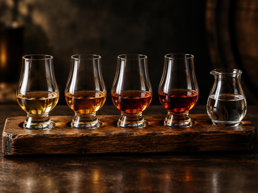 A bourbon tasting flight of four glasses on a wooden tray