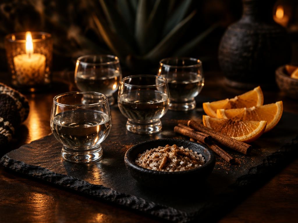 Copita glasses of mezcal with orange slices and cinnamon salt