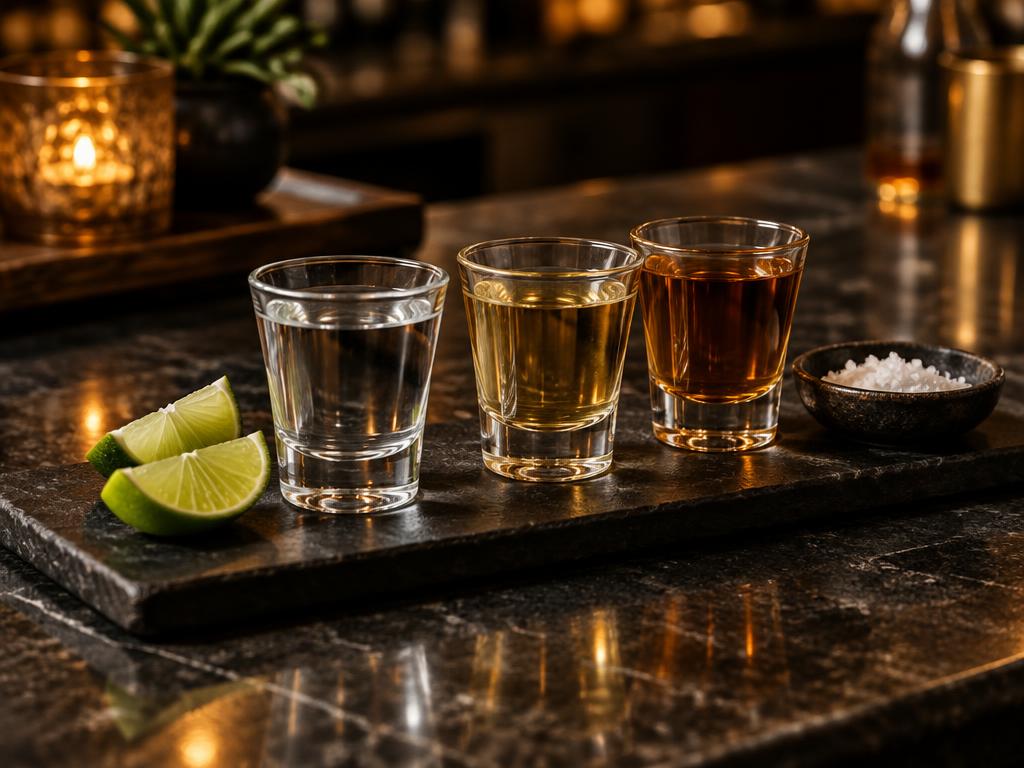 A tequila tasting flight on a stone bar top