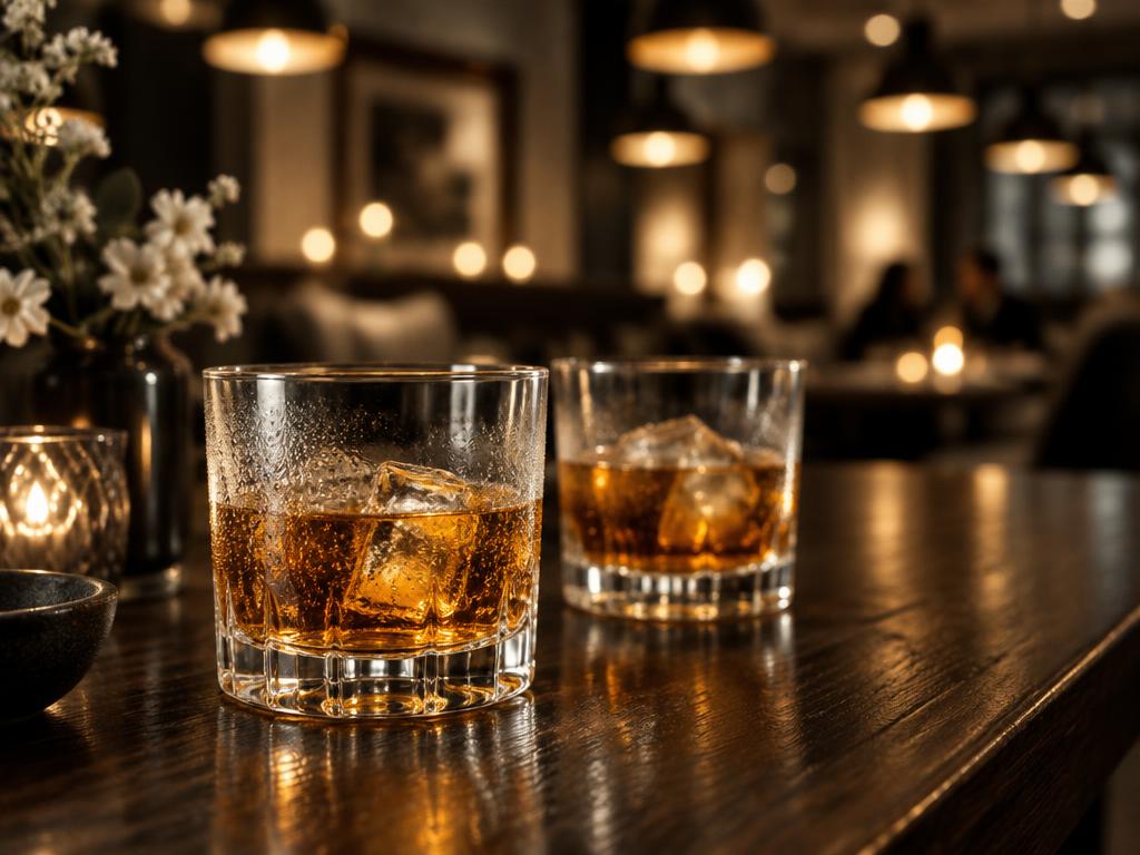 Two glasses of amber whiskey on a bar top