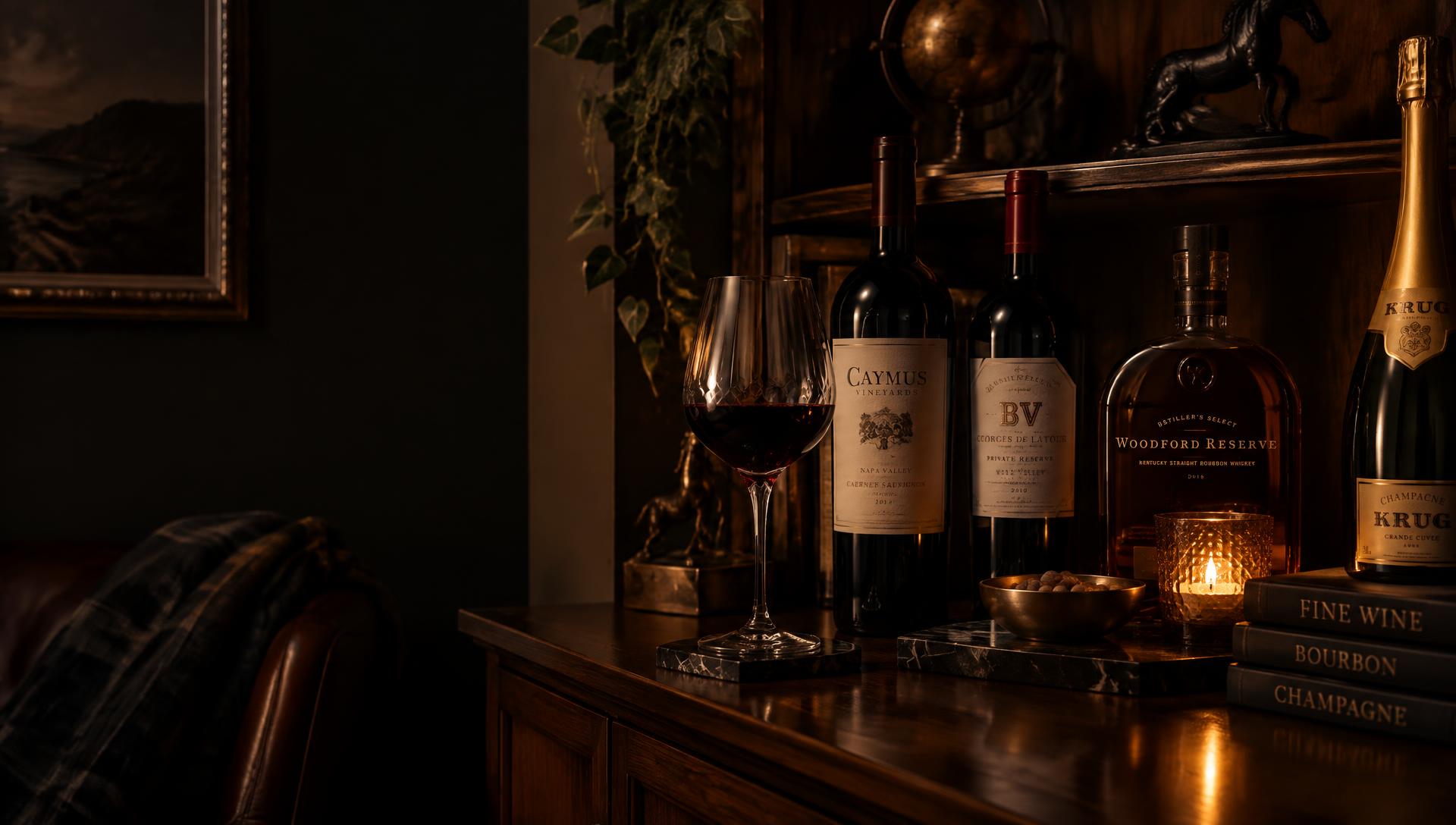 Fine wine and bourbon on a walnut shelf